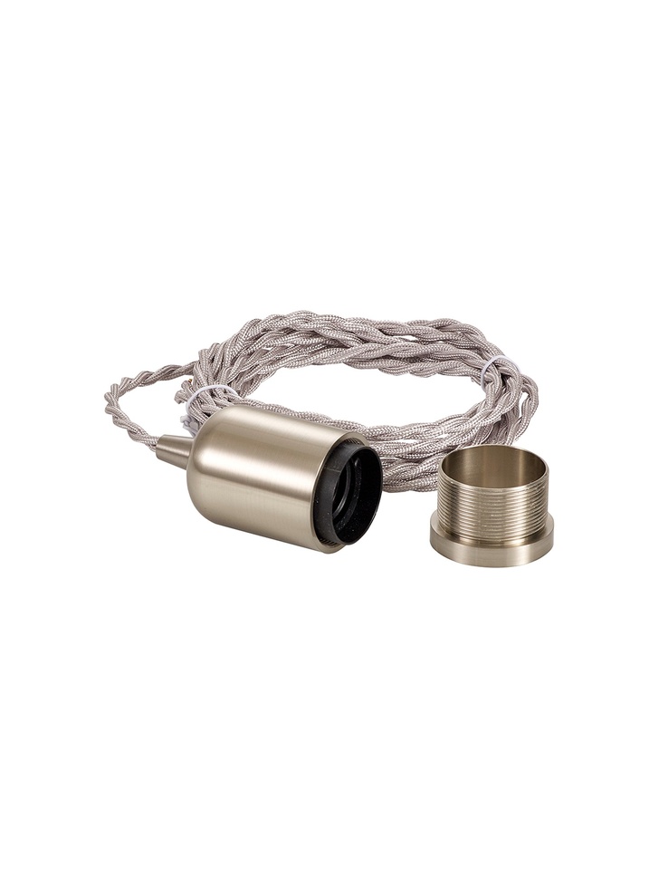 Brushed Nickel E27 Metal Lampholder Kit With Cable Clamp And 3m Silver Braided Twisted Cable