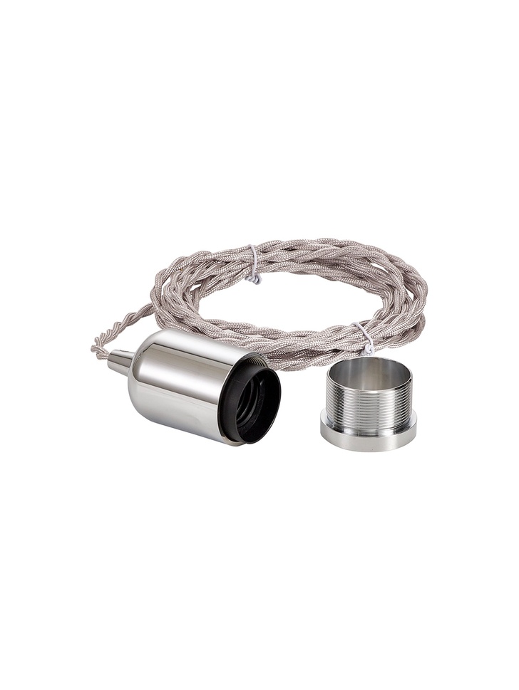 Chrome E27 Metal Lampholder Kit With Cable Clamp And 3m Silver Braided Twisted Cable