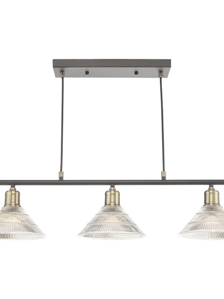 Dar Boyd 3 Light Bar In Antique Brass Complete With Clear Ribbed Glass Shades