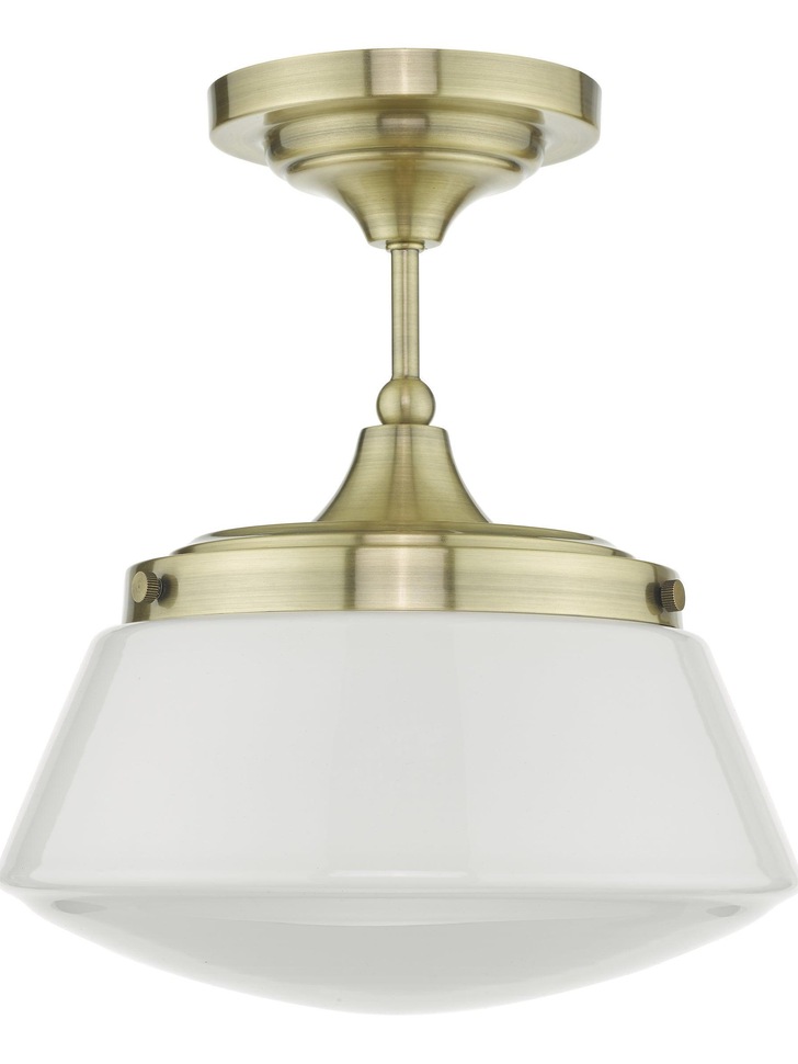 Dar Caden Semi-Flush Antique Brass Bathroom Ceiling Light Complete With Opal Glass - IP44