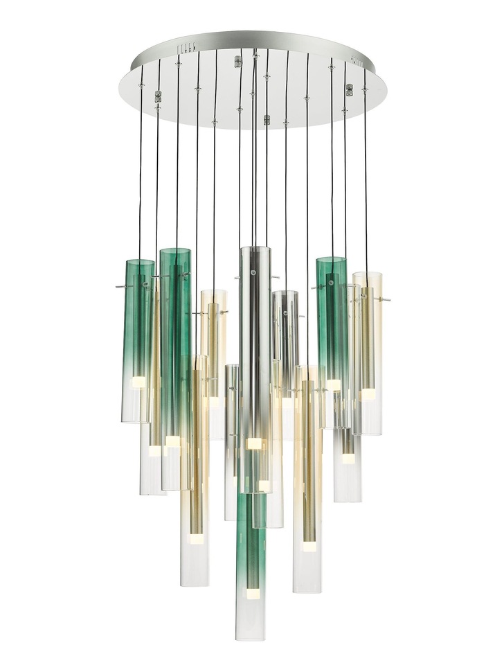 Dar Isadora Polished Chrome 14 Light Cluster Pendant Complete With Green, Champage And Smoked Ombre Glass Shades