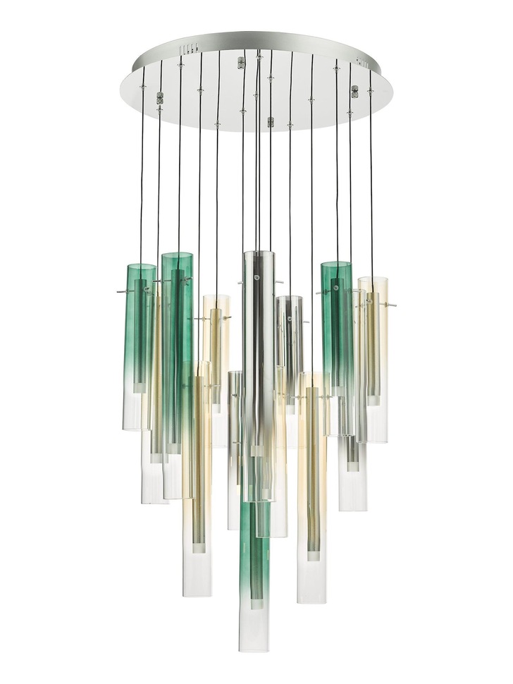 Dar Isadora Polished Chrome 14 Light Cluster Pendant Complete With Green, Champage And Smoked Ombre Glass Shades