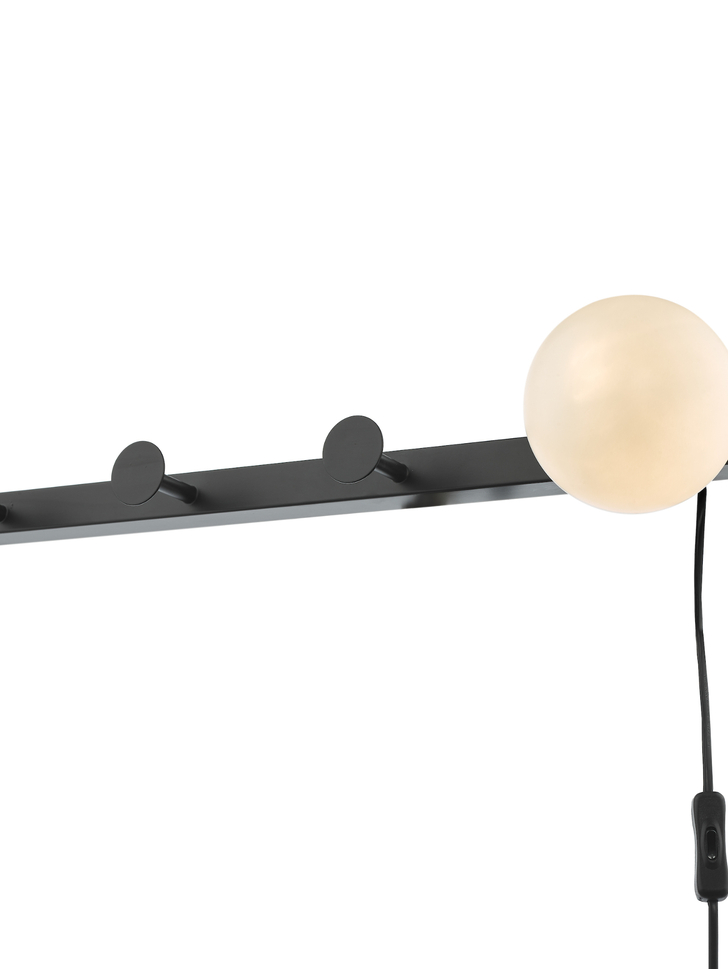 Dar Rack Plug In Wall Light & Coat Hanger In Matt Black With Opal Glass Globe