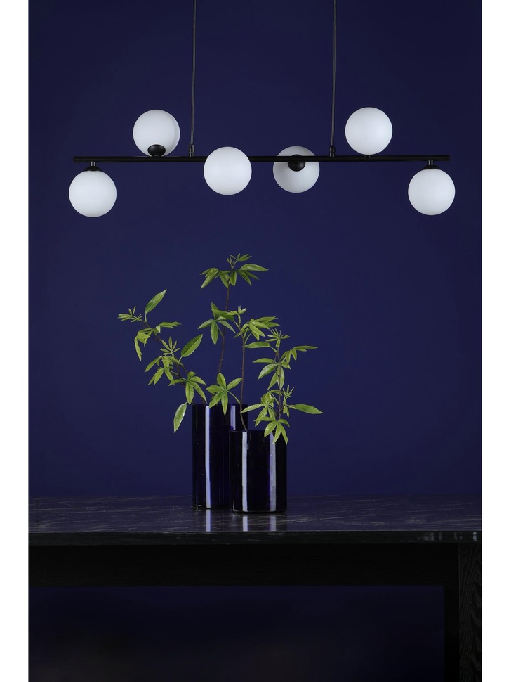 Dar Spiral 6 Light Linear Bar Pendant Matt Black With Opal Glass Globes