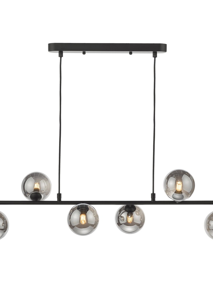 Dar Spiral 6 Light Linear Bar Pendant Matt Black With Smoked Glass Globes