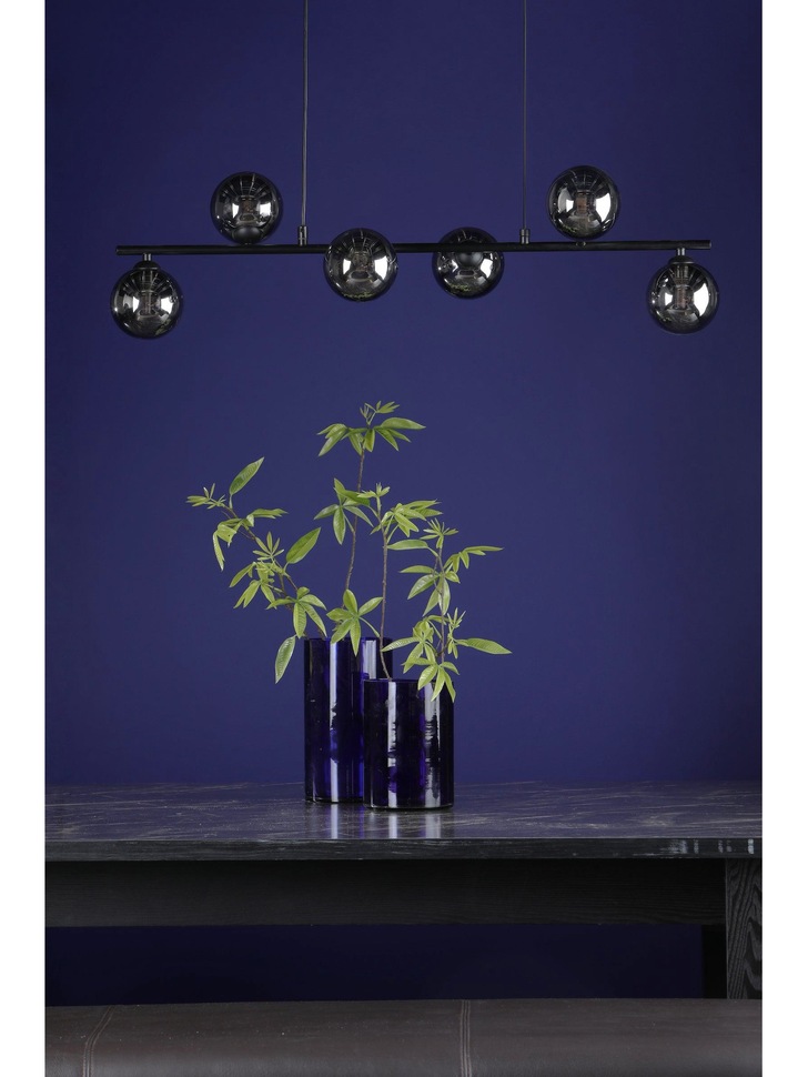 Dar Spiral 6 Light Linear Bar Pendant Matt Black With Smoked Glass Globes