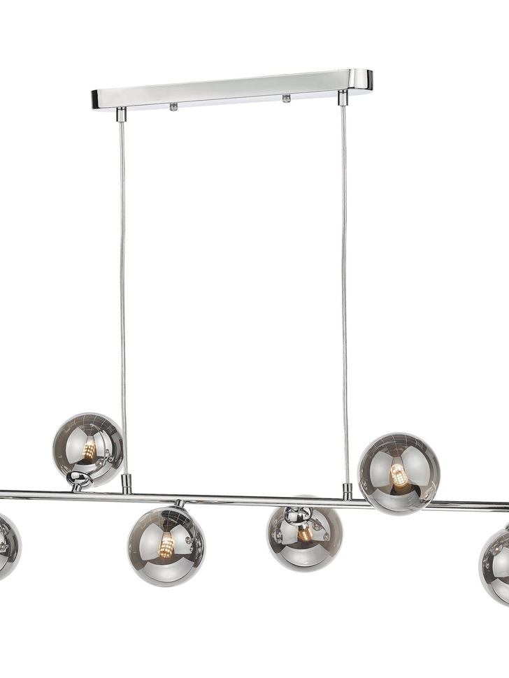 Dar Spiral 6 Light Linear Bar Pendant Polished Chrome With Smoked Glass Globes