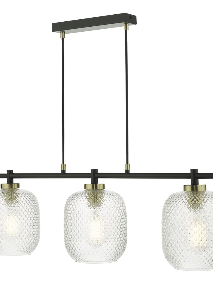 Dar Tehya 3 Light Linear Bar Pendant Matt Black With Antique Brass Detailing & Clear Textured Glass Shades