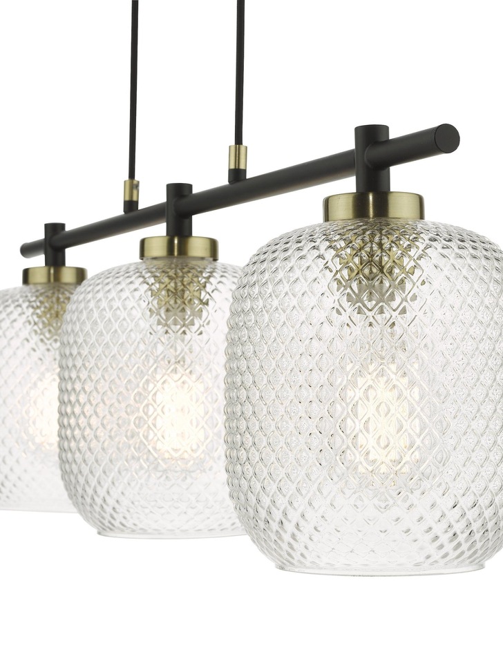 Dar Tehya 3 Light Linear Bar Pendant Matt Black With Antique Brass Detailing & Clear Textured Glass Shades