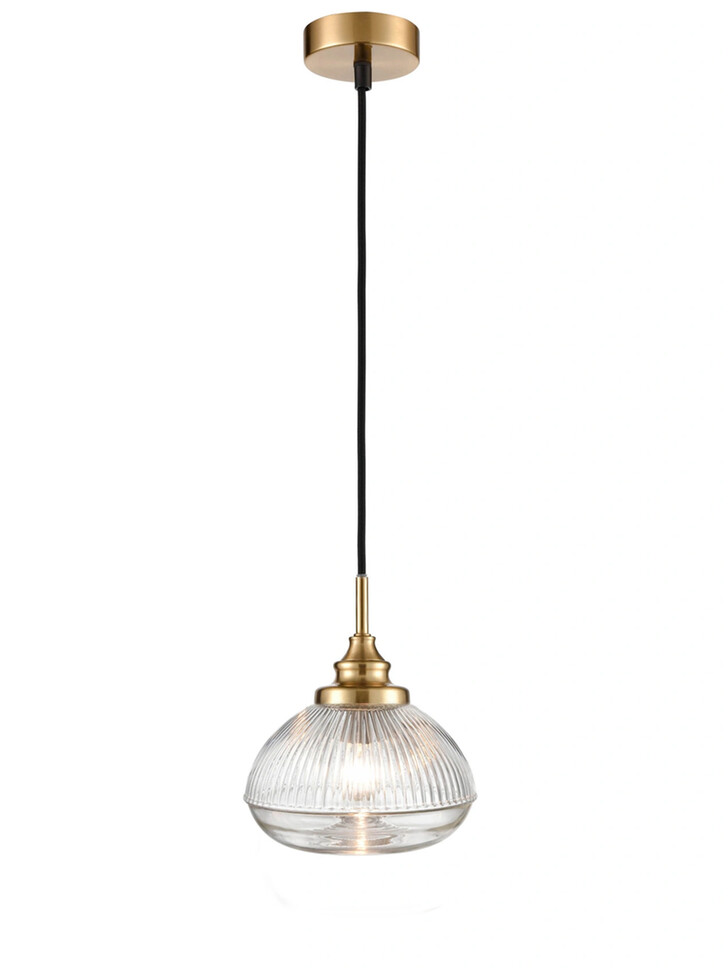 Franklite Acoste Aged Brass Pendant Ceiling Light Complete With Clear Ribbed Glass