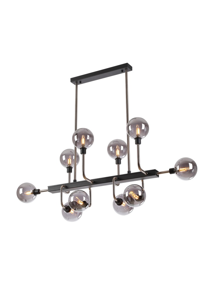 Idolite Atlas Graphite/Satin Nickel 10 Light Linear Bar Pendant Complete With Sphere Smoked Glass Shades