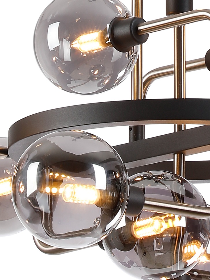 Idolite Atlas Graphite/Satin Nickel 12 Light Pendant Complete With Sphere Smoked Glass Shades