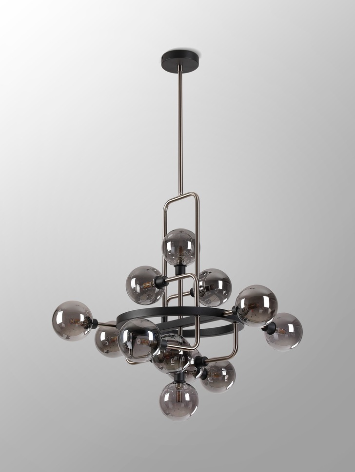 Idolite Atlas Graphite/Satin Nickel 12 Light Pendant Complete With Sphere Smoked Glass Shades