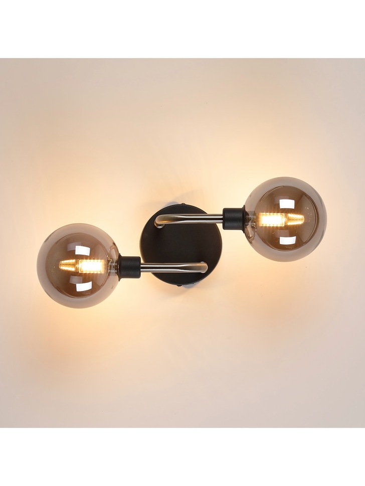 Idolite Atlas Graphite/Satin Nickel 2 Light Wall Light Complete With Sphere Smoked Glass Shades