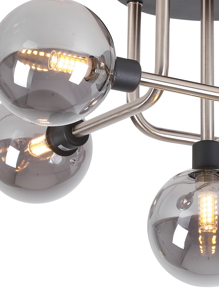 Idolite Atlas Graphite/Satin Nickel 5 Light Semi Flush Ceiling Light Complete With Sphere Smoked Glass Shades