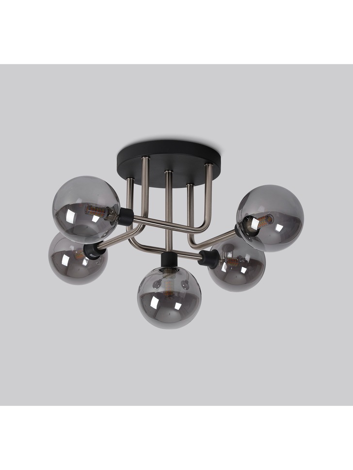 Idolite Atlas Graphite/Satin Nickel 5 Light Semi Flush Ceiling Light Complete With Sphere Smoked Glass Shades