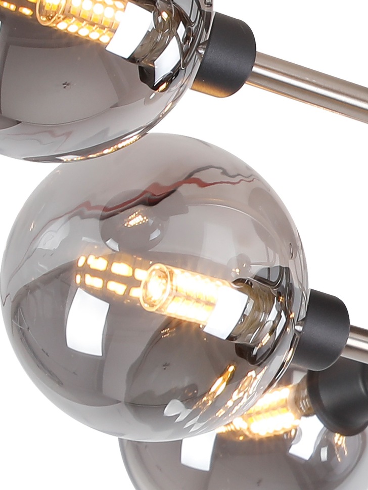 Idolite Atlas Graphite/Satin Nickel 9 Light Semi Flush Ceiling Light Complete With Sphere Smoked Glass Shades