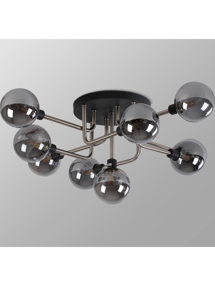 Idolite Atlas Graphite/Satin Nickel 9 Light Semi Flush Ceiling Light Complete With Sphere Smoked Glass Shades