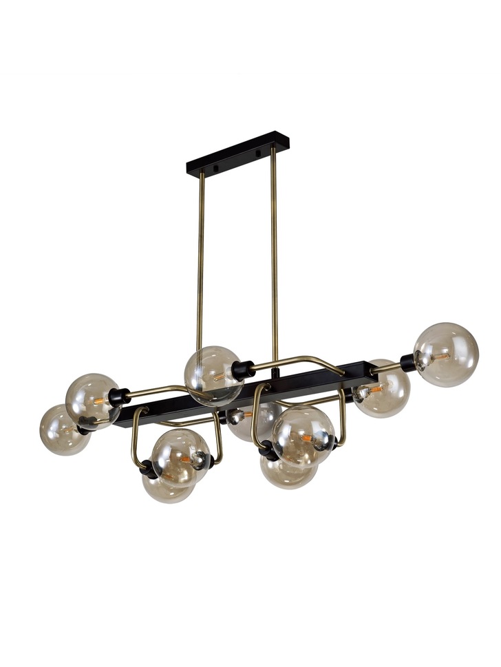 Idolite Atlas Matt Black/Antique Brass 10 Light Linear Bar Pendant C/W Cognac Glass Globes