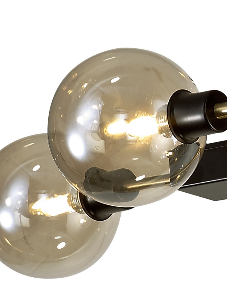 Idolite Atlas Matt Black/Antique Brass 10 Light Linear Bar Pendant C/W Cognac Glass Globes