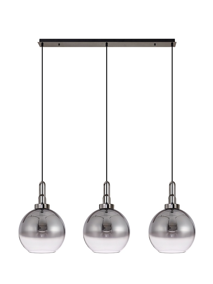 Idolite Camille Black Chrome 3 Light Linear Bar Pendant With Smoked/Clear Ombre Glass Globes