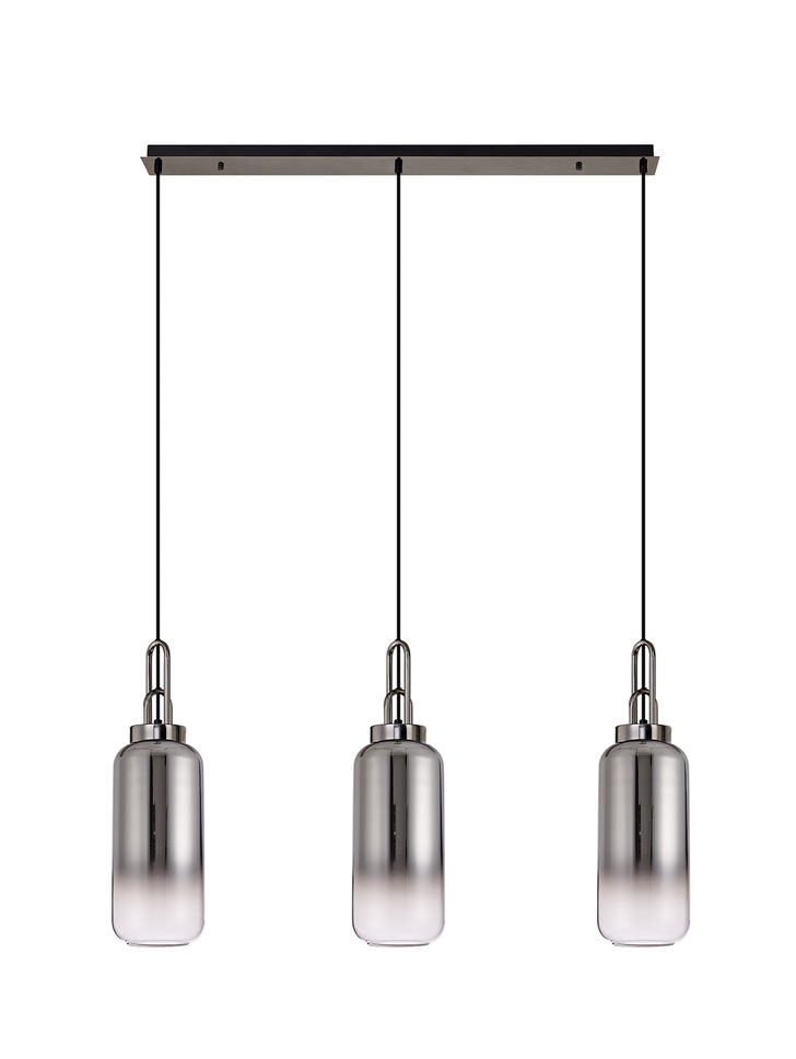 Idolite Camille Black Chrome 3 Light Linear Bar Pendant With Smoked/Clear Ombre Glasses