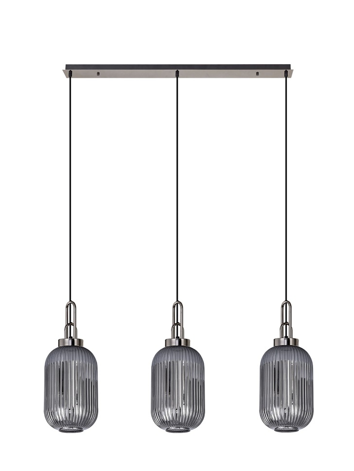 Idolite Camille Black Chrome 3 Light Linear Bar Pendant With Smoked Ribbed Glasses