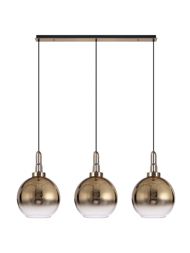 Idolite Camille Brass Gold 3 Light Linear Bar Pendant With Brass Gold/Clear Ombre Glass Globes