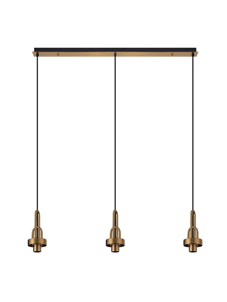 Idolite Camille Brass Gold 3 Light Linear Bar Pendant With Brass Gold/Clear Ombre Glass Globes