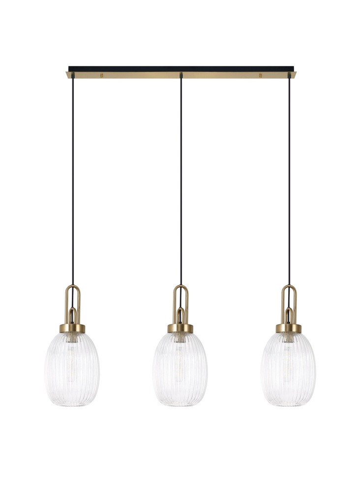 Idolite Camille Brass Gold 3 Light Linear Bar Pendant With Clear Ribbed Glasses