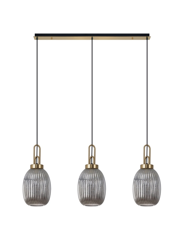 Idolite Camille Brass Gold 3 Light Linear Bar Pendant With Smoked Ribbed Glasses