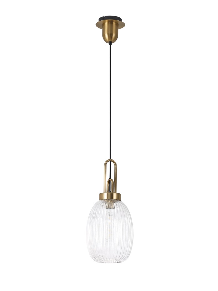 Idolite Camille Brass Gold Single Pendant Light With Clear Ribbed Glass