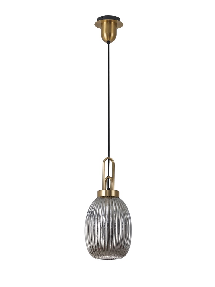 Idolite Camille Brass Gold Single Pendant Light With Smoked Ribbed Glass