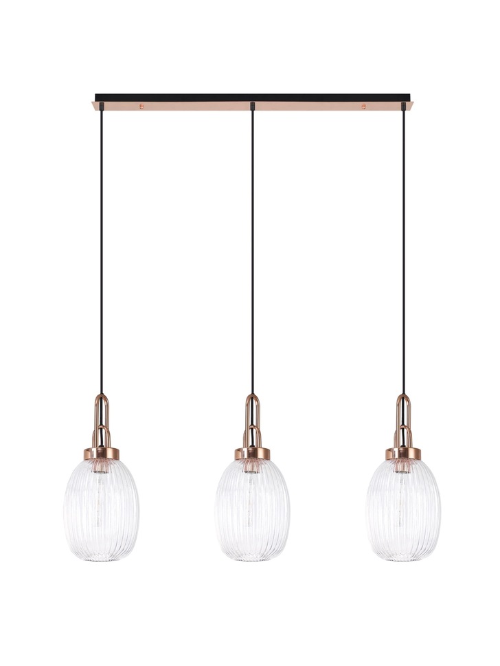 Idolite Camille Copper 3 Light Linear Bar Pendant With Clear Ribbed Glasses