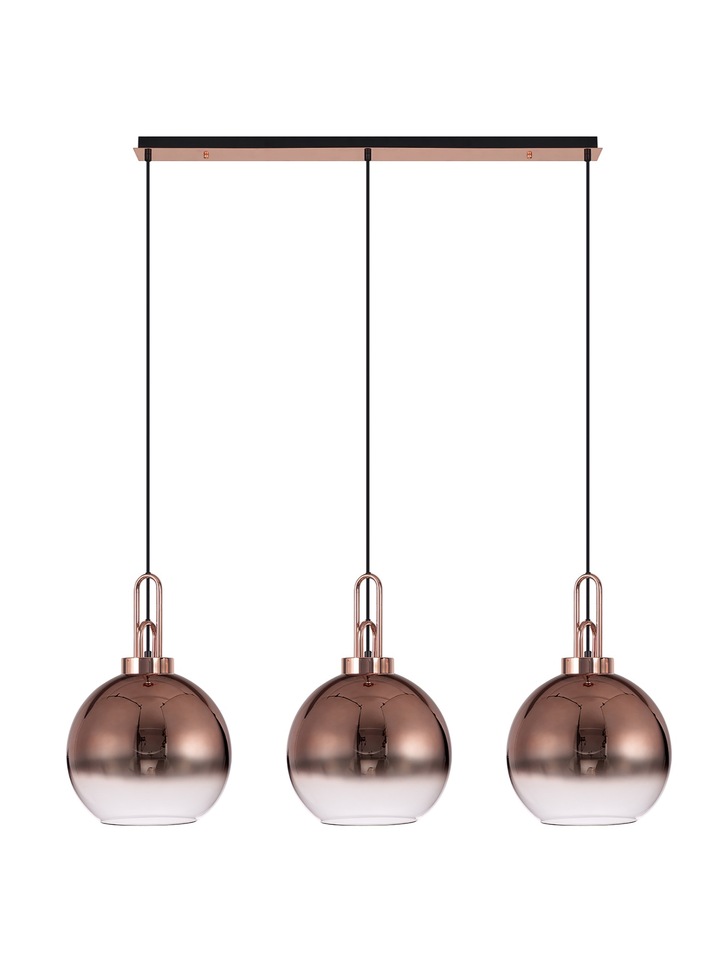 Idolite Camille Copper 3 Light Linear Bar Pendant With Copper/Clear Ombre Glass Globes