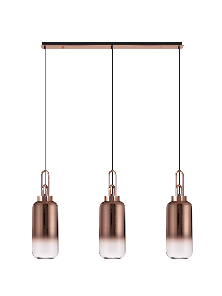 Idolite Camille Copper 3 Light Linear Bar Pendant With Copper/Clear Ombre Glasses