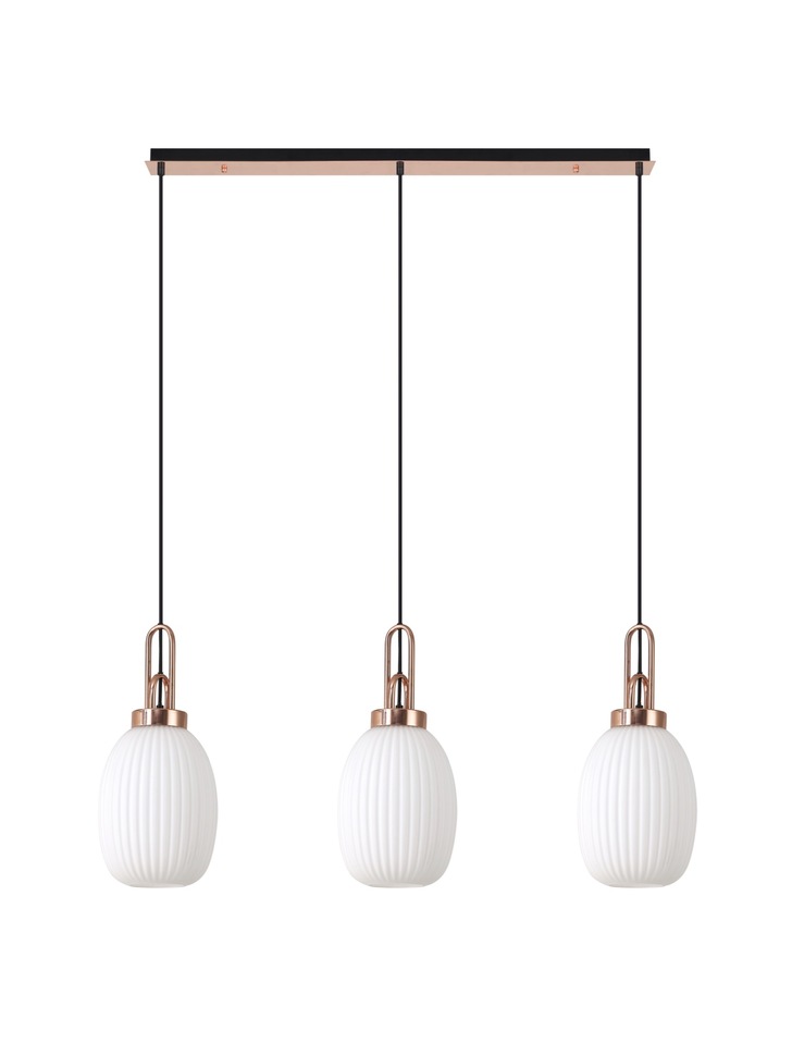 Idolite Camille Copper 3 Light Linear Bar Pendant With Opal Ribbed Glasses