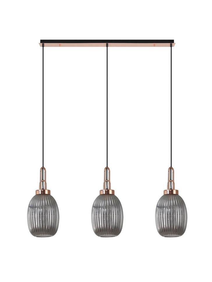 Idolite Camille Copper 3 Light Linear Bar Pendant With Smoked Ribbed Glasses