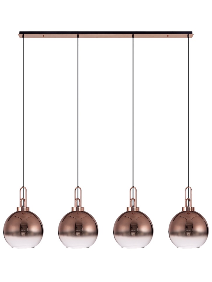 Idolite Camille Copper 4 Light Linear Bar Pendant With Copper/Clear Ombre Glass Globes