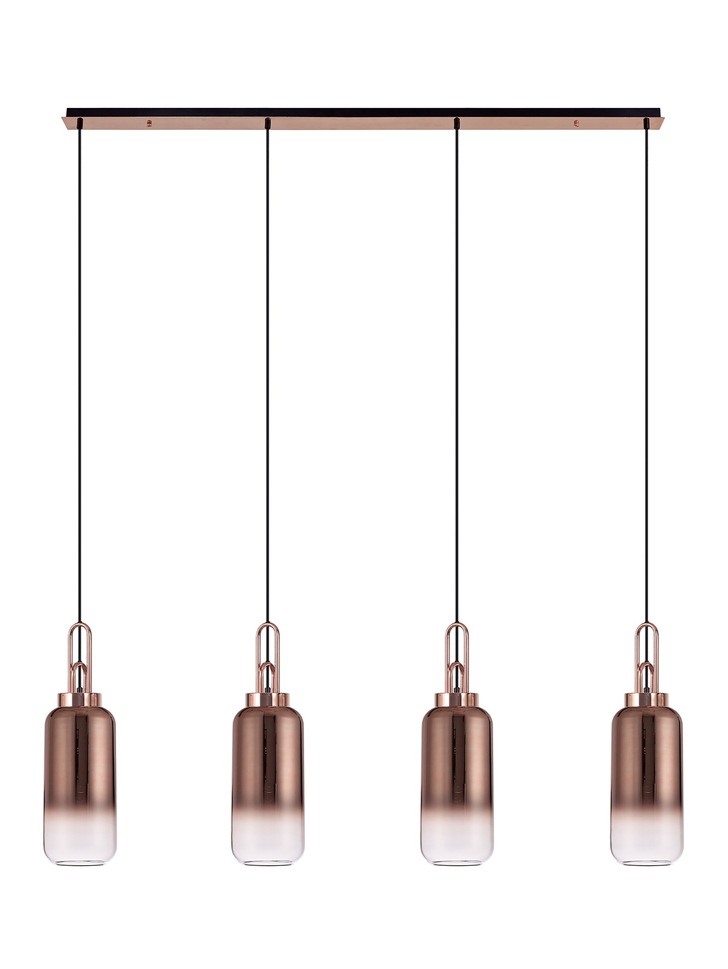 Idolite Camille Copper 4 Light Linear Bar Pendant With Copper/Clear Ombre Glasses