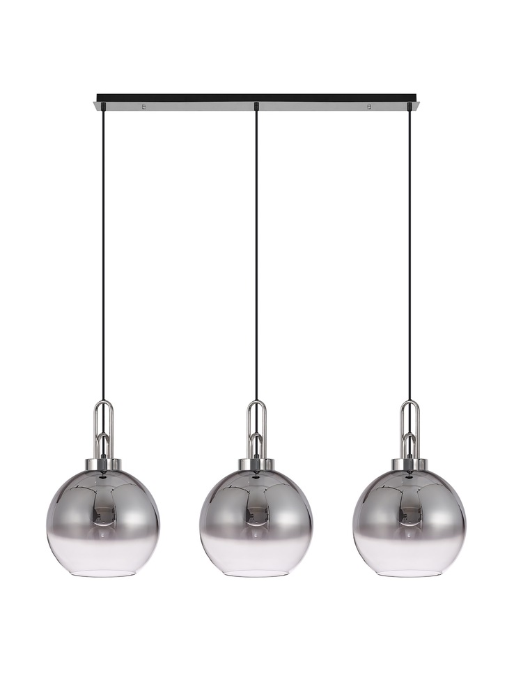 Idolite Camille Polished Nickel 3 Light Linear Bar Pendant With Smoked/Clear Ombre Glass Globes