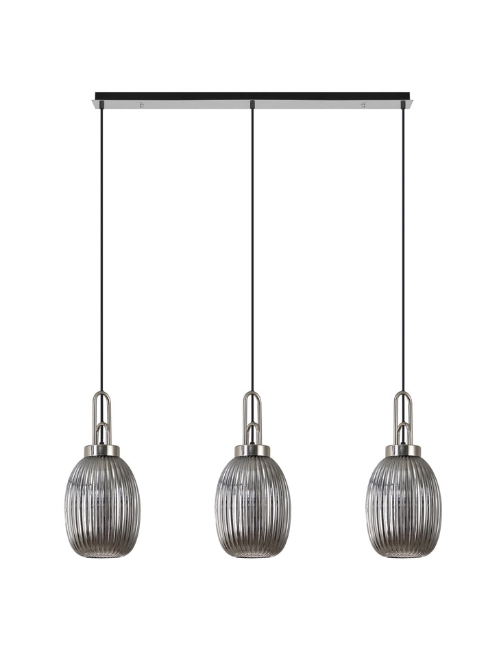 Idolite Camille Polished Nickel 3 Light Linear Bar Pendant With Smoked Ribbed Glasses