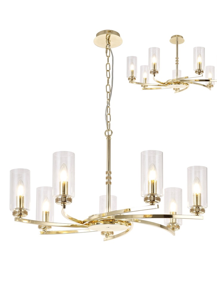 Idolite Euston Polished Gold 7 Light Pendant C/W Crystal Detailing & Clear Glasses