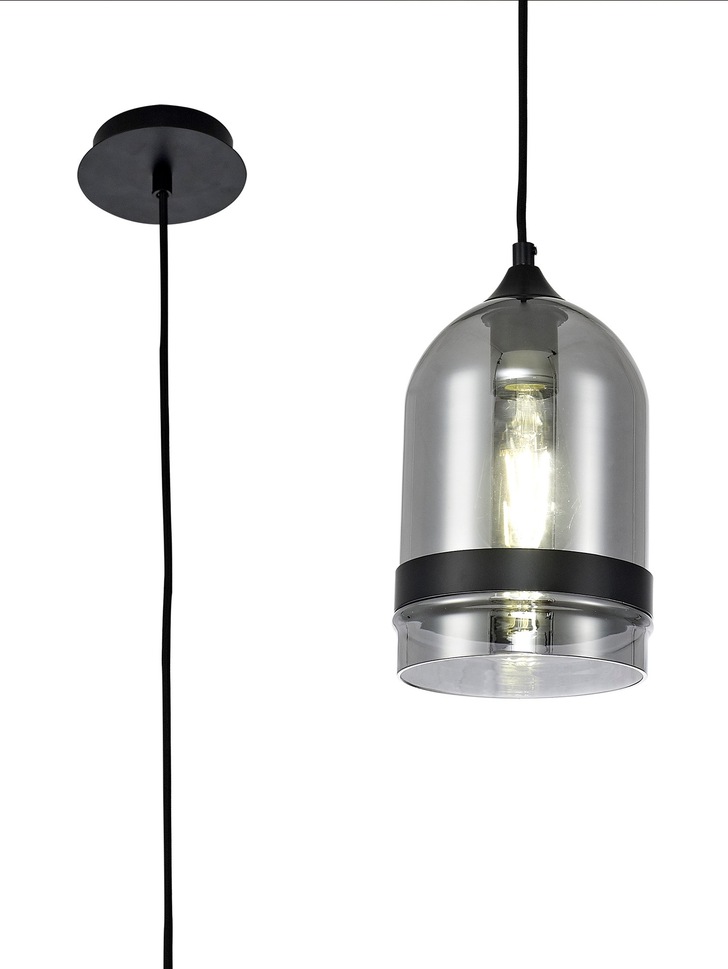 Idolite Kali Matt Black Finish Single Pendant Light C/W Smoked Glass