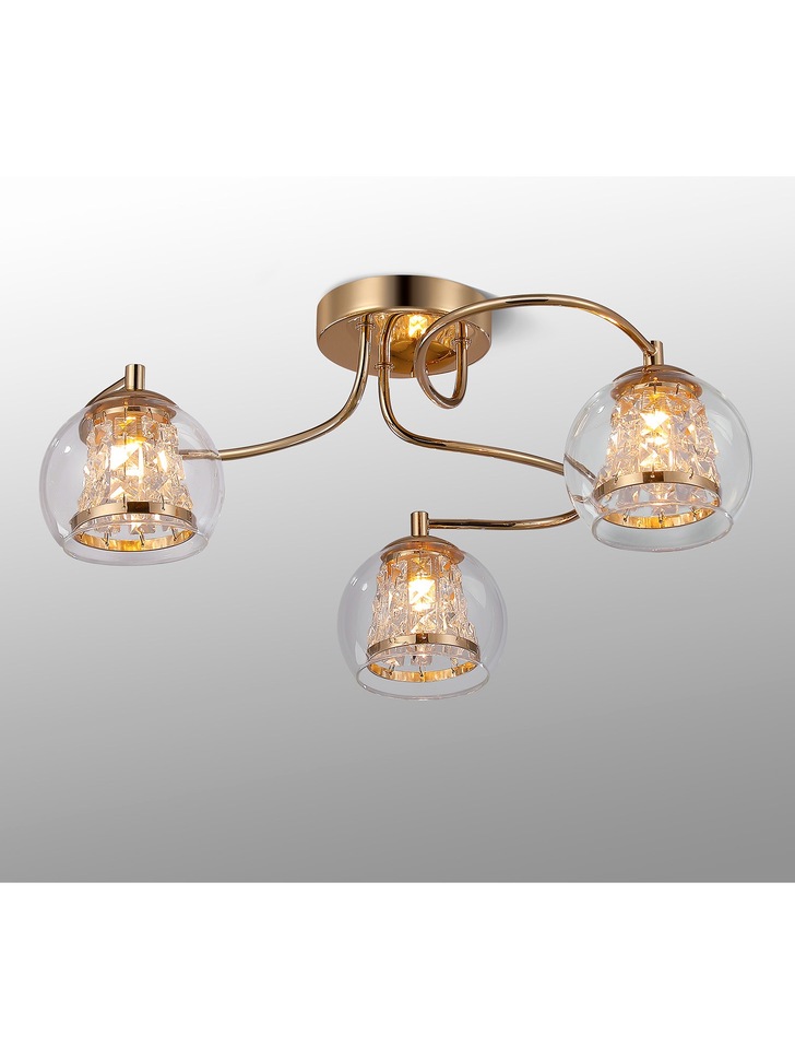 Idolite Patterson 3 Light French Gold Finish Flush Bathroom Light Complete With Clear Glasses and Crystal Decoration - IP44