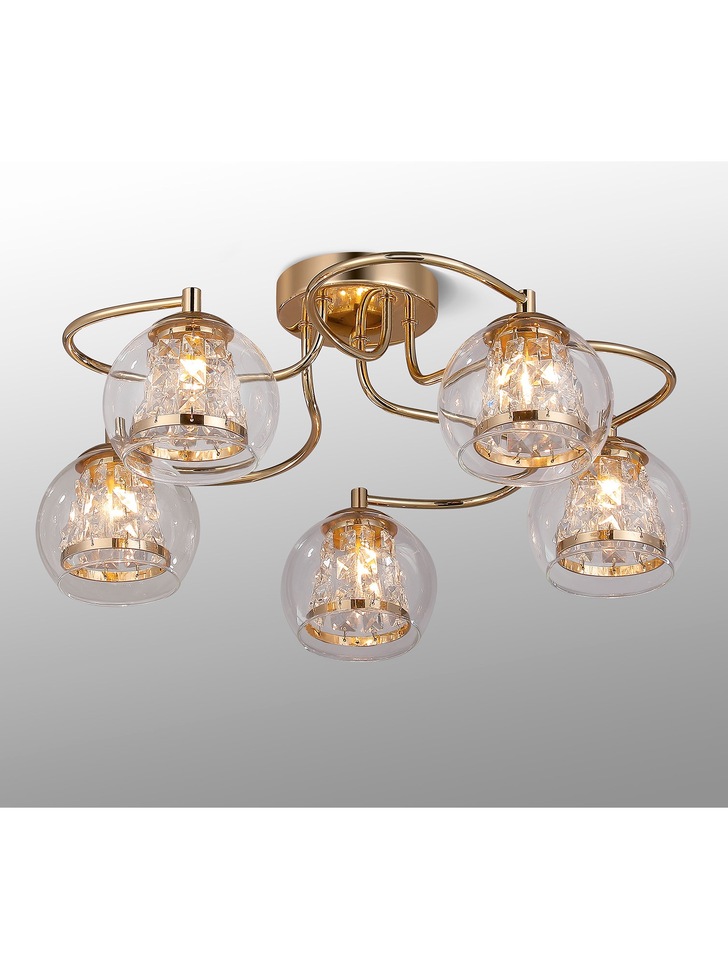 Idolite Patterson 5 Light French Gold Finish Flush Bathroom Light Complete With Clear Glasses and Crystal Decoration - IP44