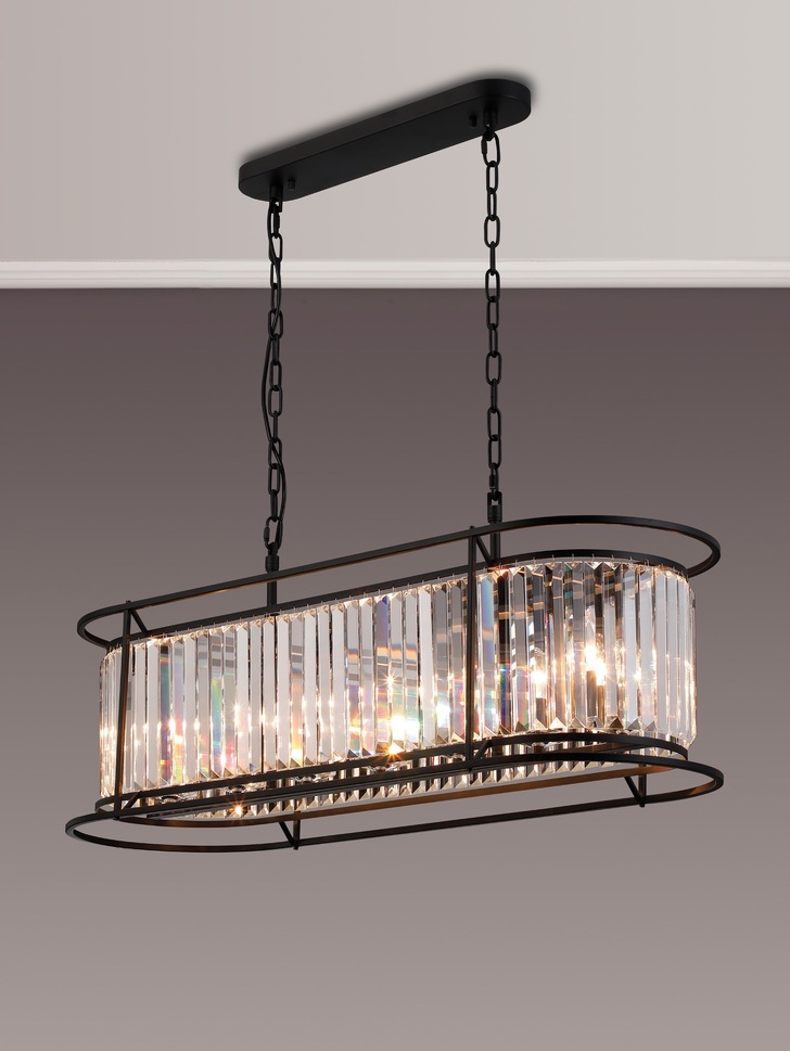 Idolite Petra 7 Light Oval Linear Bar Pendant/Semi-Flush Ceiling Light Satin Black With Clear Crystal