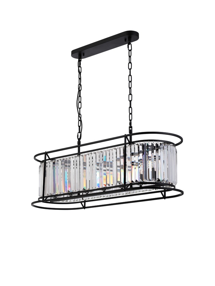 Idolite Petra 7 Light Oval Linear Bar Pendant/Semi-Flush Ceiling Light Satin Black With Clear Crystal