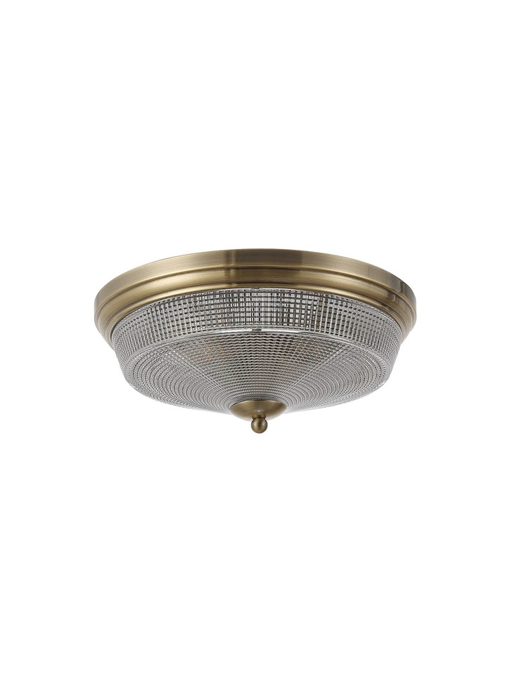 Idolite Sheridan Antique Brass 2 Light Flush Ceiling Light Complete With Prismatic Glass Shade