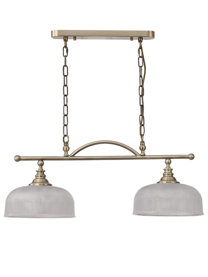 Idolite Sheridan Antique Brass 2 Light Linear Bar Pendant Complete With Prismatic Glass Shades